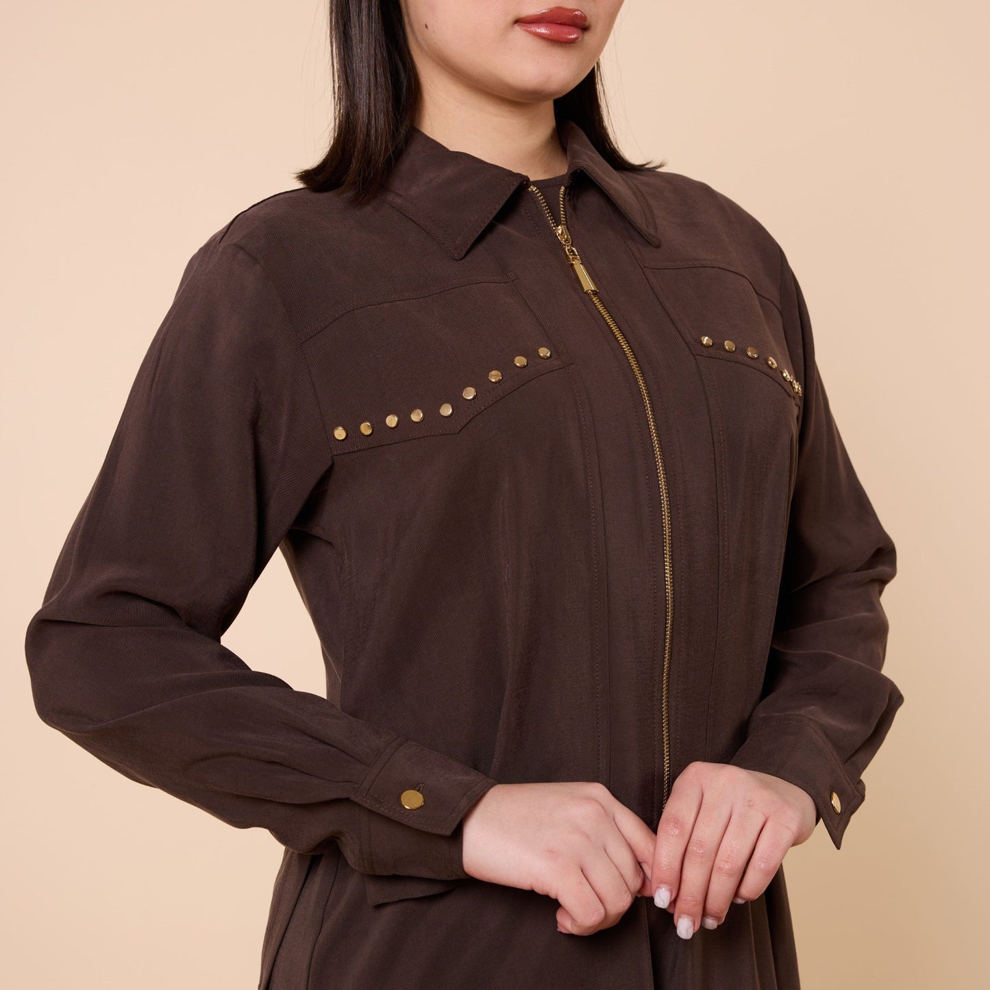 Polo Collar Jacket Style Long Dress With Waist Tie