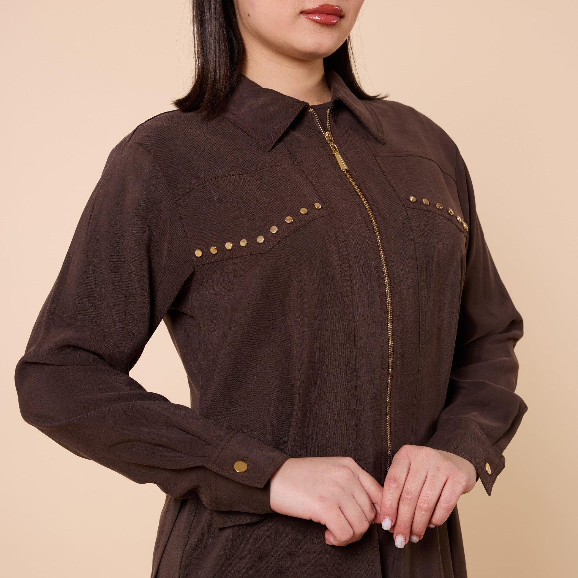 Polo Collar Jacket Style Long Dress With Waist Tie