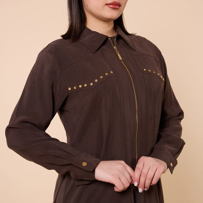 Polo Collar Jacket Style Long Dress With Waist Tie