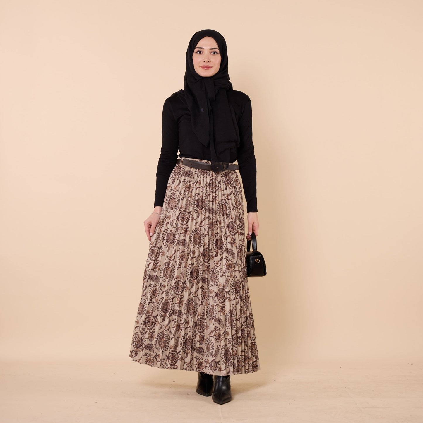 Floral Pattern Pleated Winter Skirt With Belt Detail