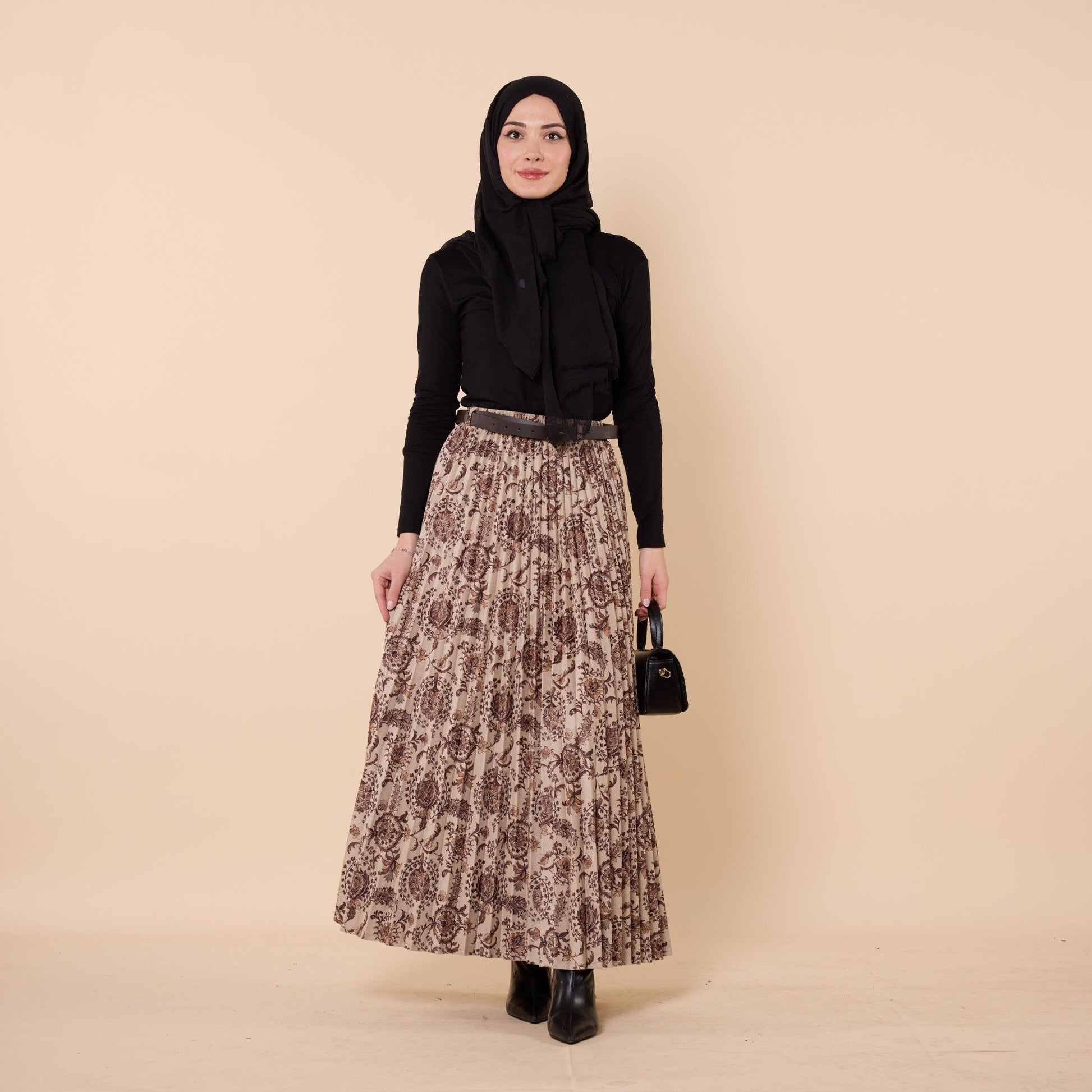 Floral Pattern Pleated Winter Skirt With Belt Detail