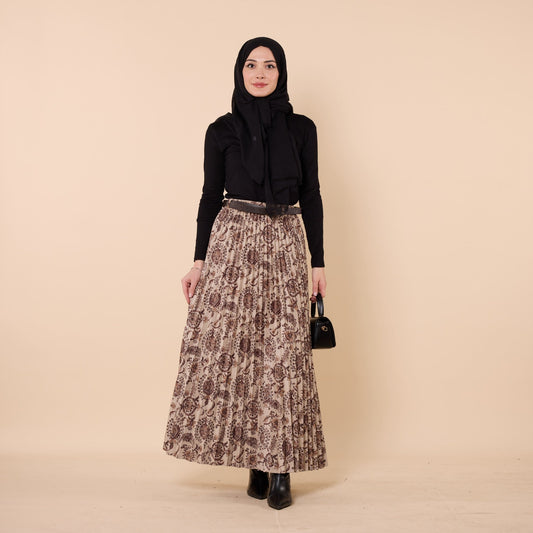 Floral Pattern Pleated Winter Skirt With Belt Detail