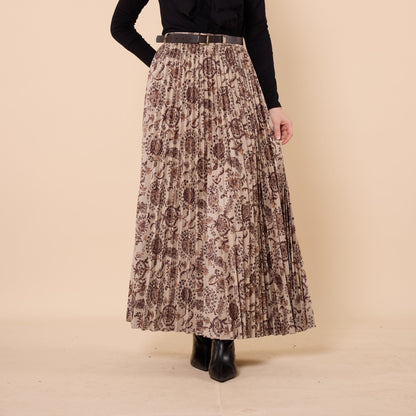 Floral Pattern Pleated Winter Skirt With Belt Detail