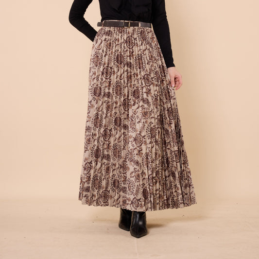 Floral Pattern Pleated Winter Skirt With Belt Detail