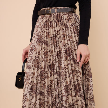 Floral Pattern Pleated Winter Skirt With Belt Detail