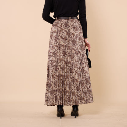 Floral Pattern Pleated Winter Skirt With Belt Detail
