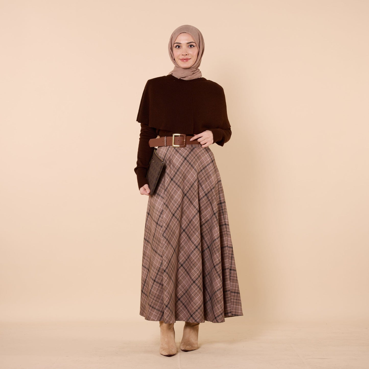 Brown Plaid Skirt With Belt Detail