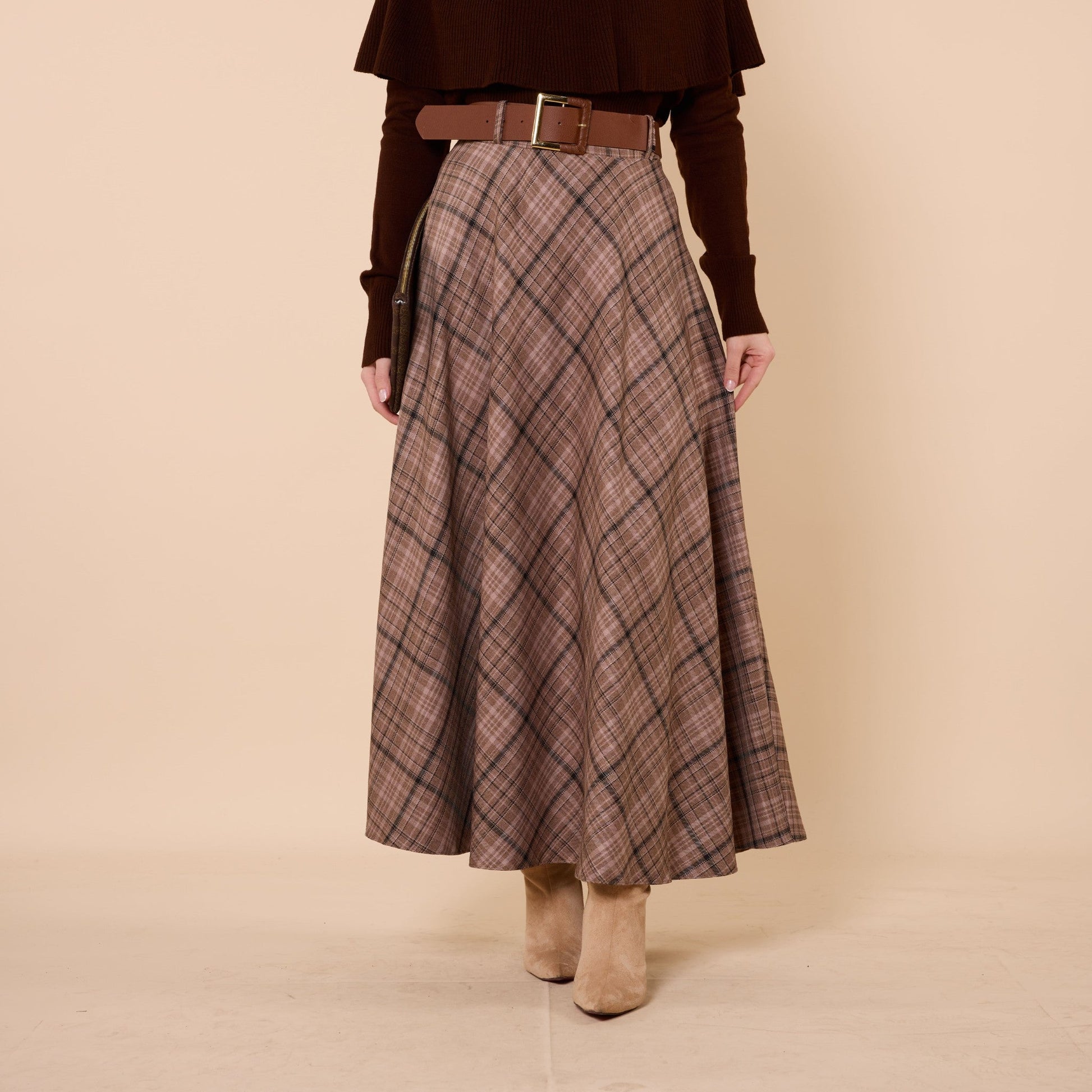 Brown Plaid Skirt With Belt Detail