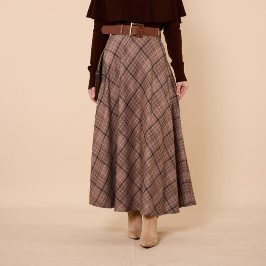 Brown Plaid Skirt With Belt Detail