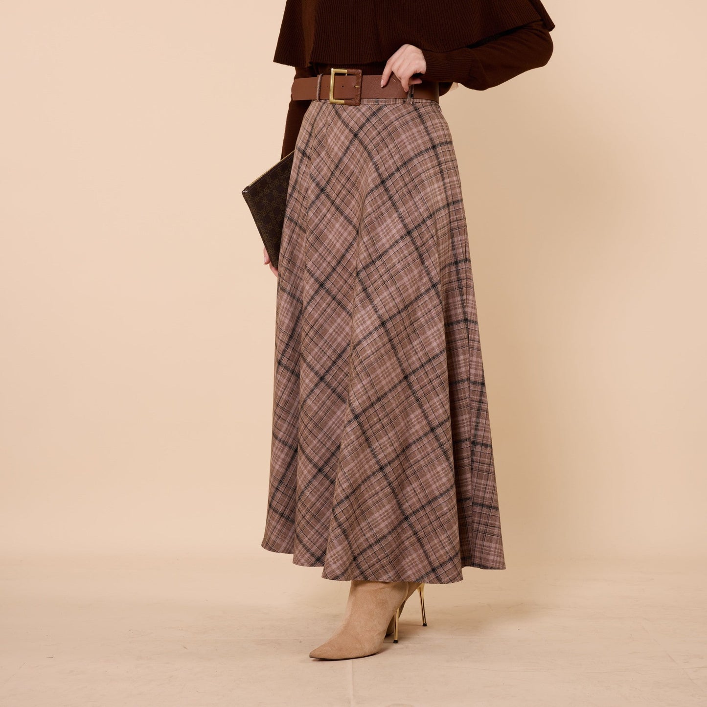 Brown Plaid Skirt With Belt Detail
