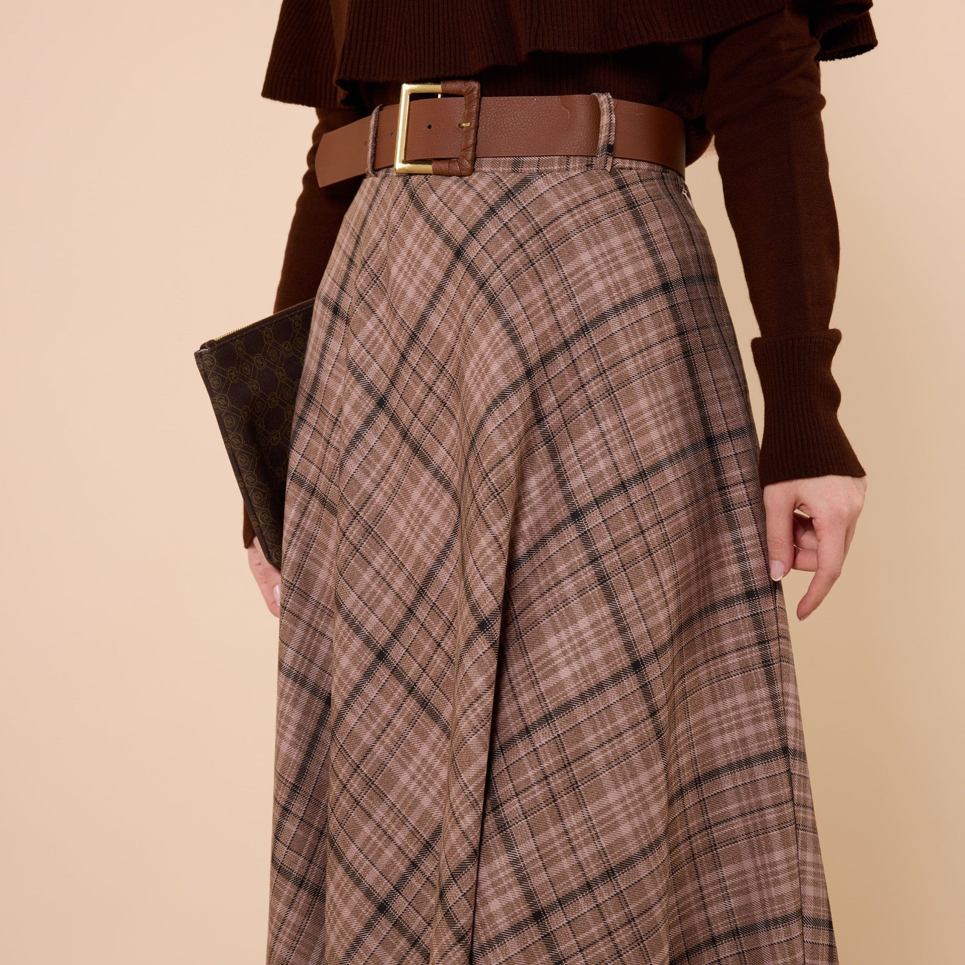 Brown Plaid Skirt With Belt Detail