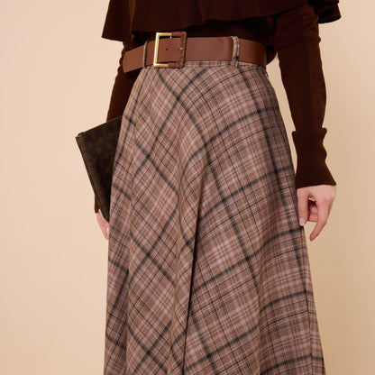 Brown Plaid Skirt With Belt Detail