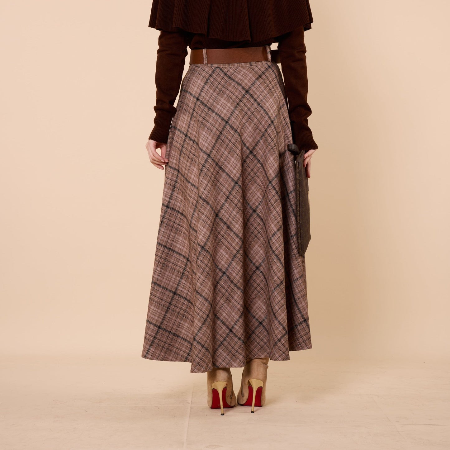 Brown Plaid Skirt With Belt Detail
