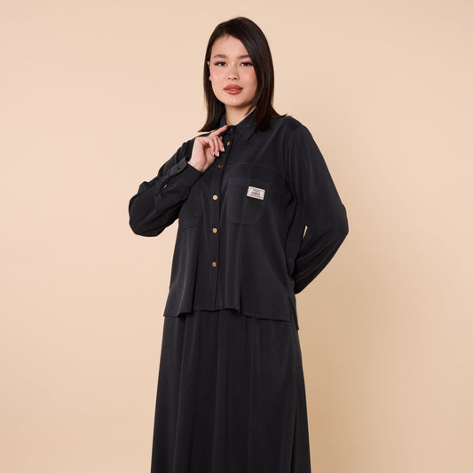 Polo Collar Two Piece Skirt Set With Pocket Detail
