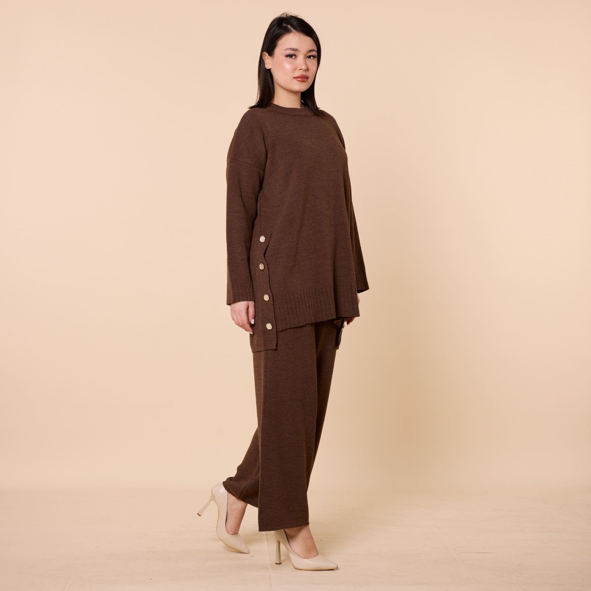 Button Detail Knit Two Piece Pants Set