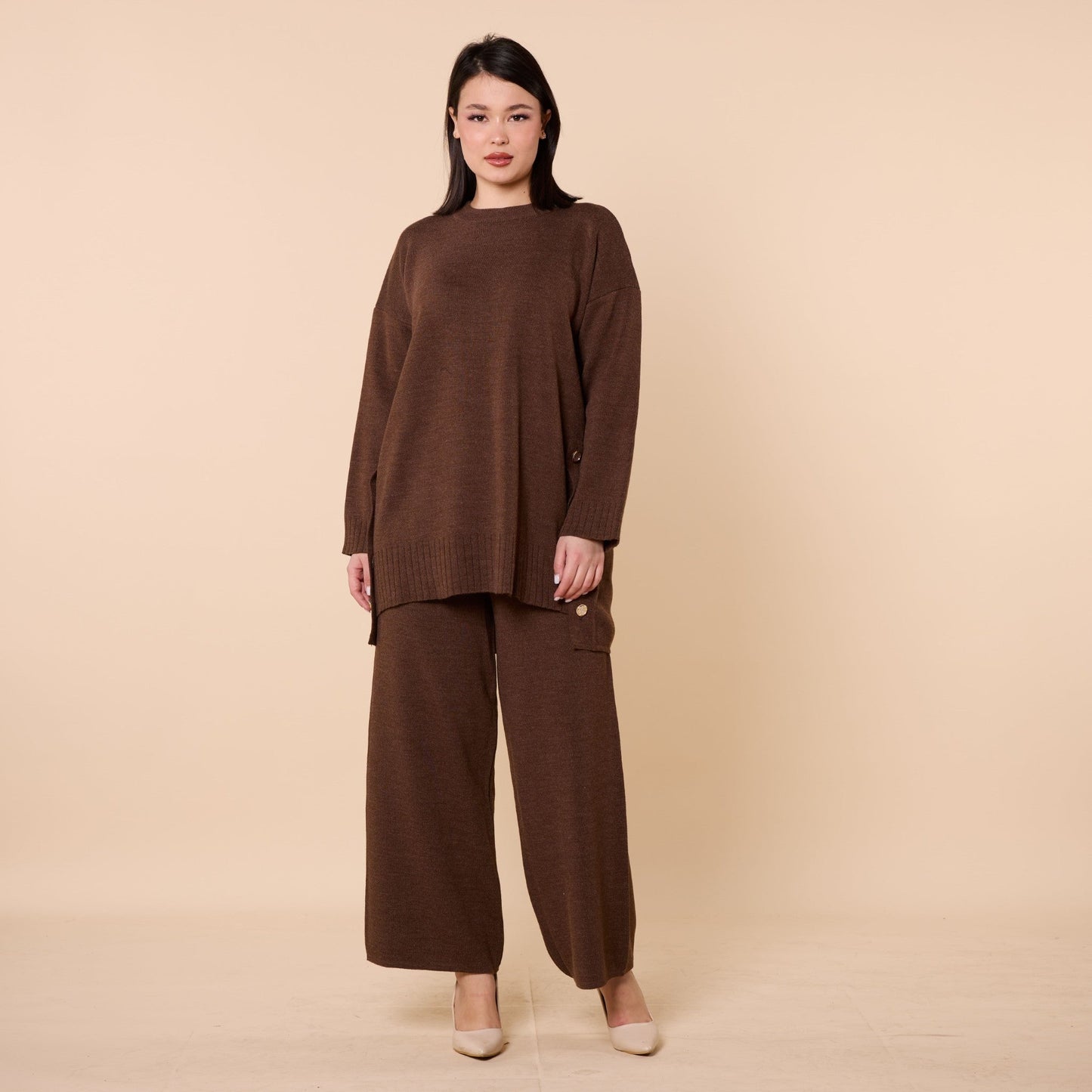 Button Detail Knit Two Piece Pants Set