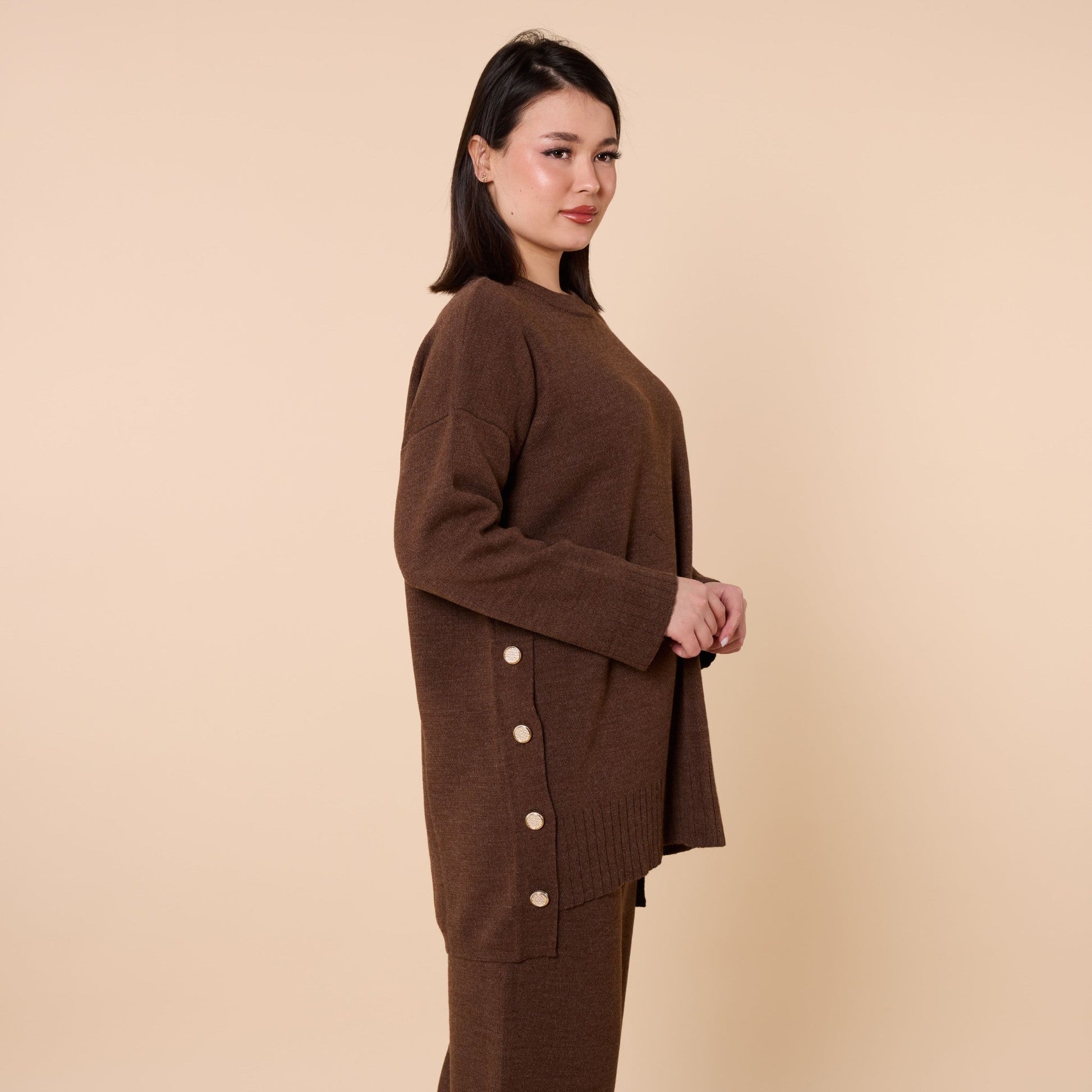 Button Detail Knit Two Piece Pants Set
