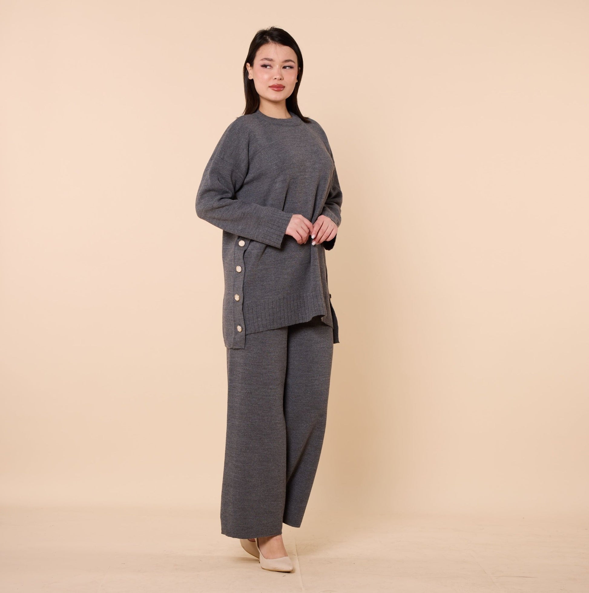 Button Detail Knit Two Piece Pants Set