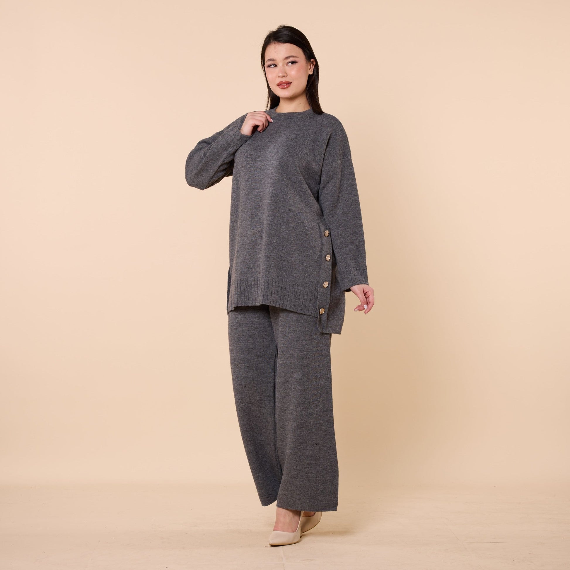 Button Detail Knit Two Piece Pants Set
