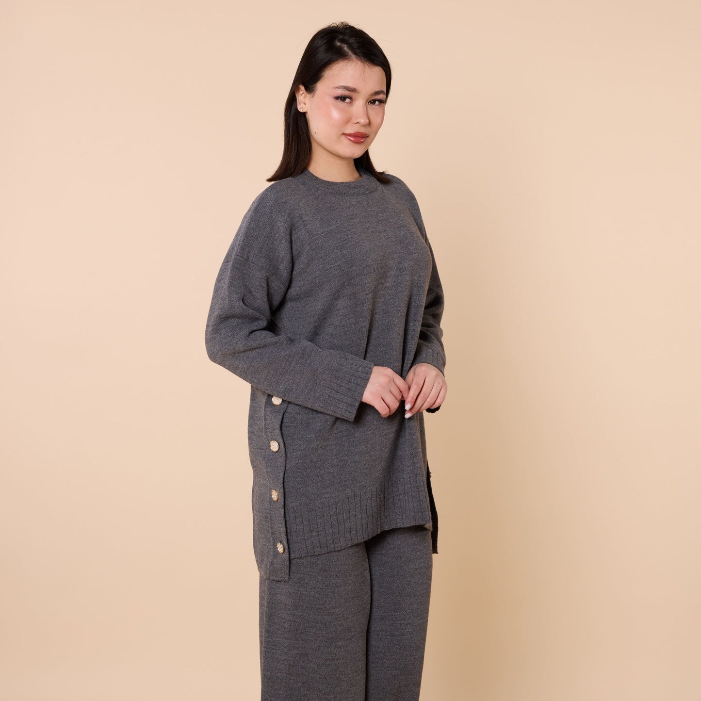 Button Detail Knit Two Piece Pants Set