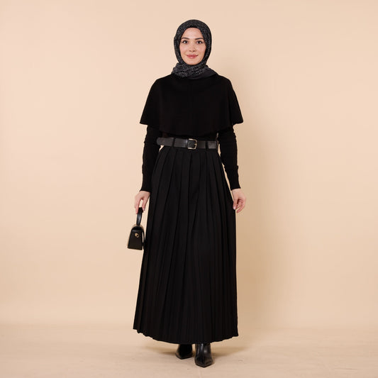 Pleated Flowing Long Skirt With Belt Detail