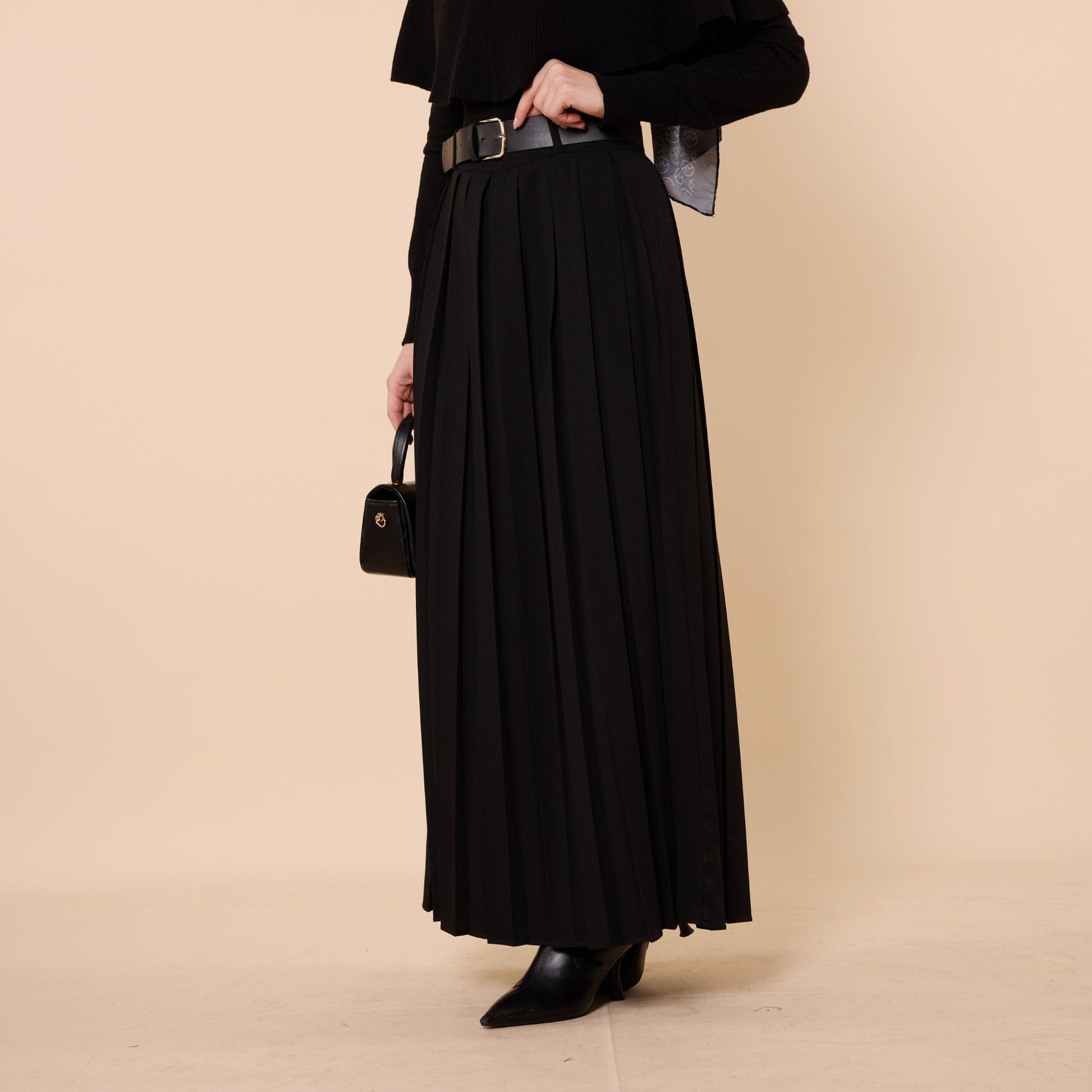 Pleated Flowing Long Skirt With Belt Detail