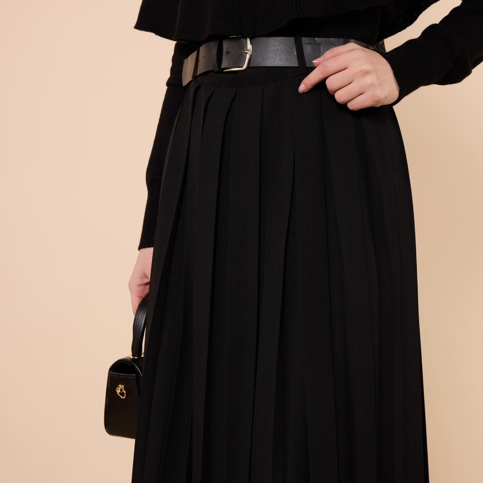 Pleated Flowing Long Skirt With Belt Detail