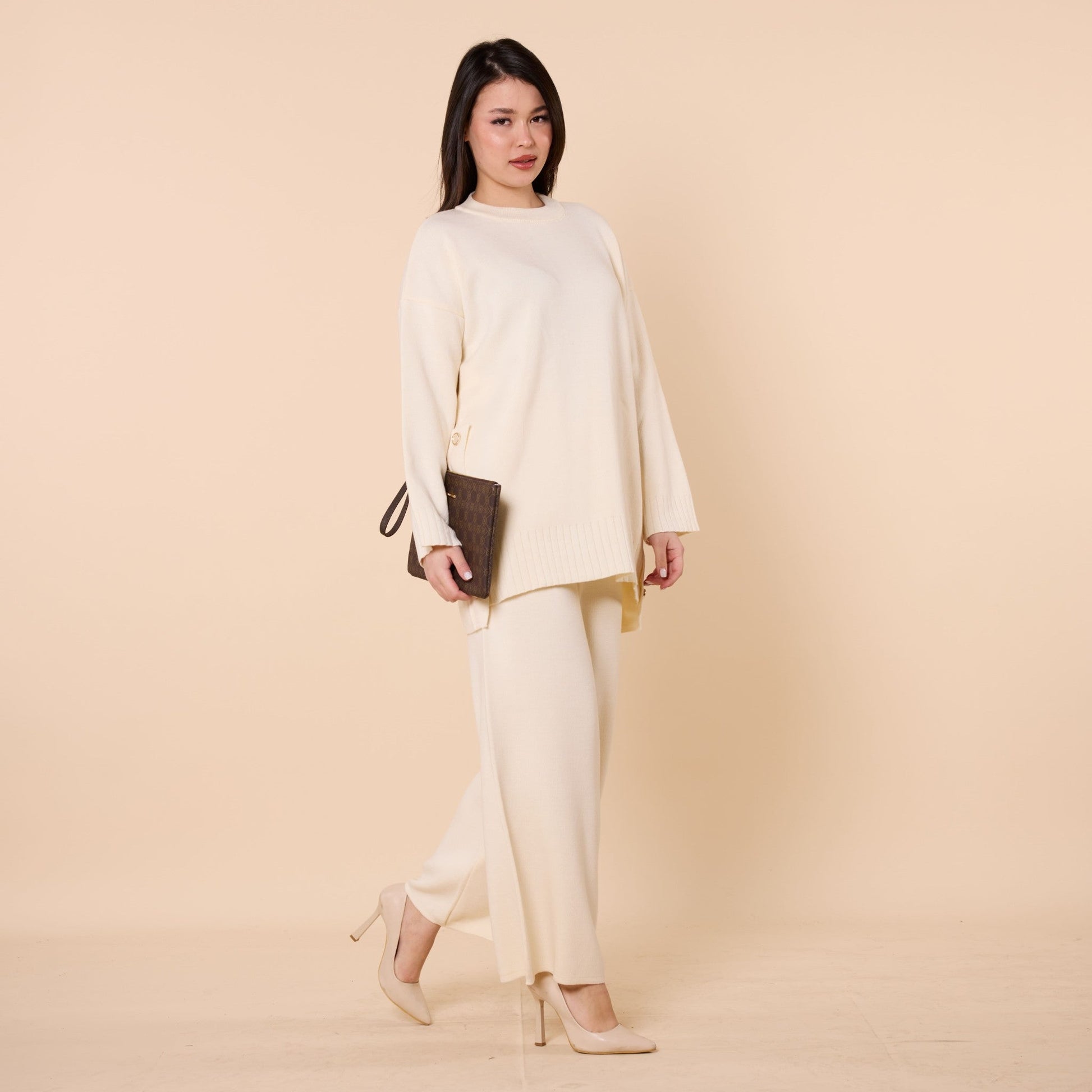 Button Detail Knit Two Piece Pants Set