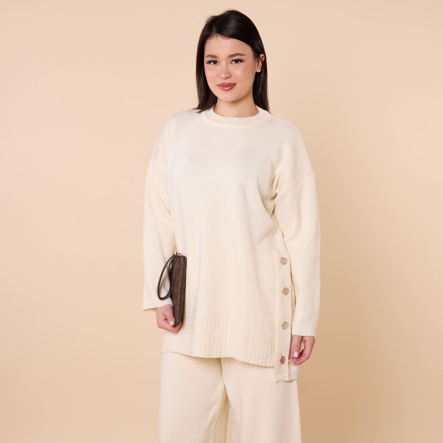 Button Detail Knit Two Piece Pants Set