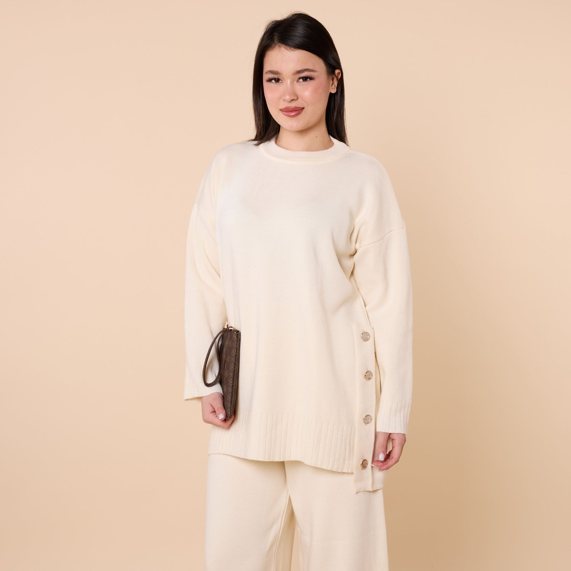 Button Detail Knit Two Piece Pants Set