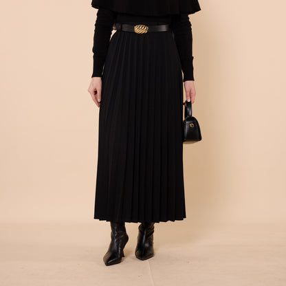 Pleated Stretch Fabric Skirt With Belt Detail