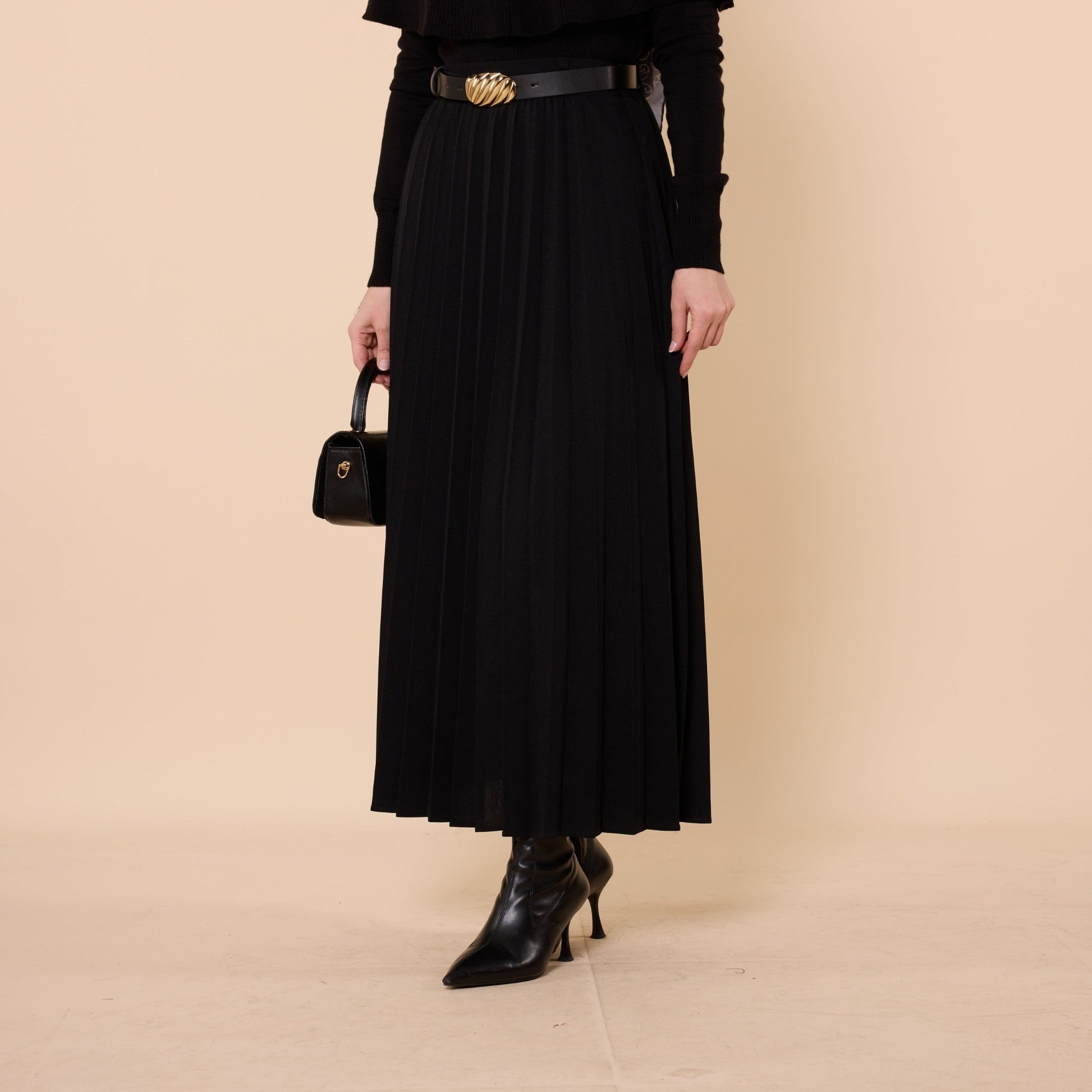 Pleated Stretch Fabric Skirt With Belt Detail