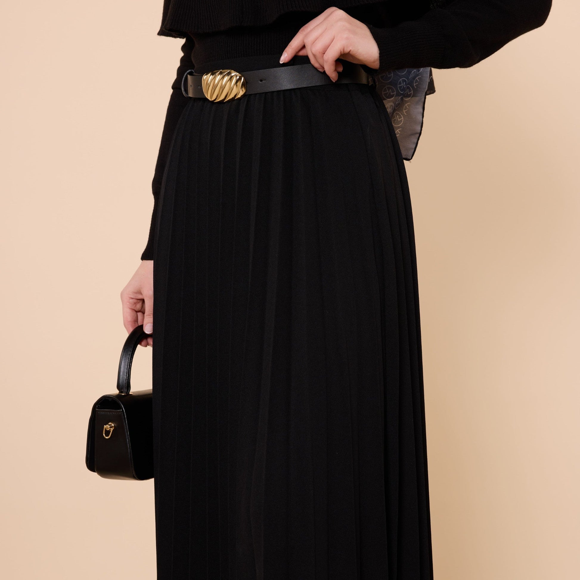 Pleated Stretch Fabric Skirt With Belt Detail