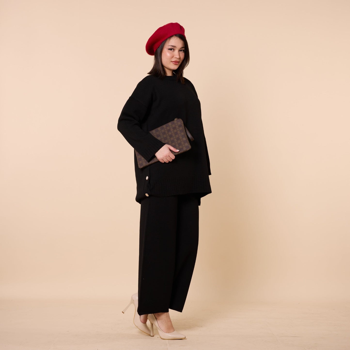 Button Detail Knit Two Piece Pants Set