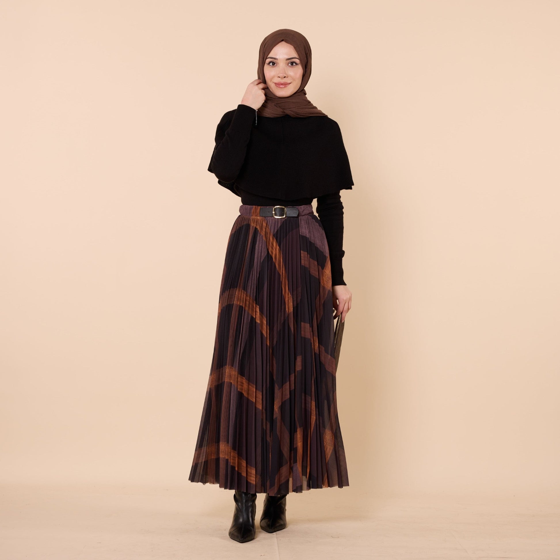Brown Patterned Pleated Chiffon Long Skirt