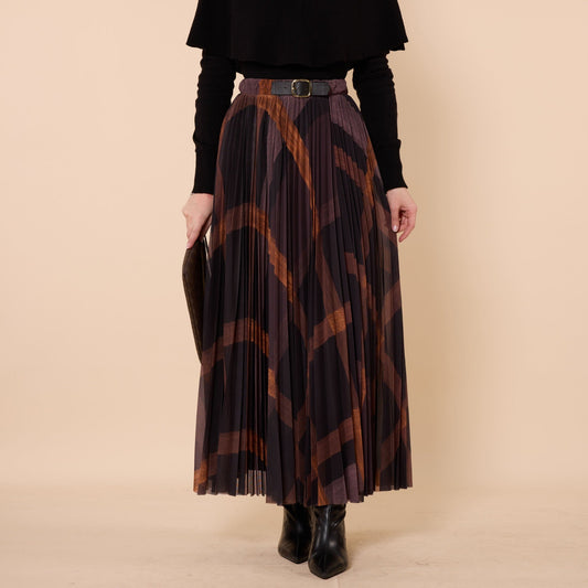 Brown Patterned Pleated Chiffon Long Skirt