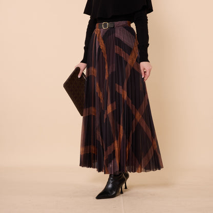 Brown Patterned Pleated Chiffon Long Skirt