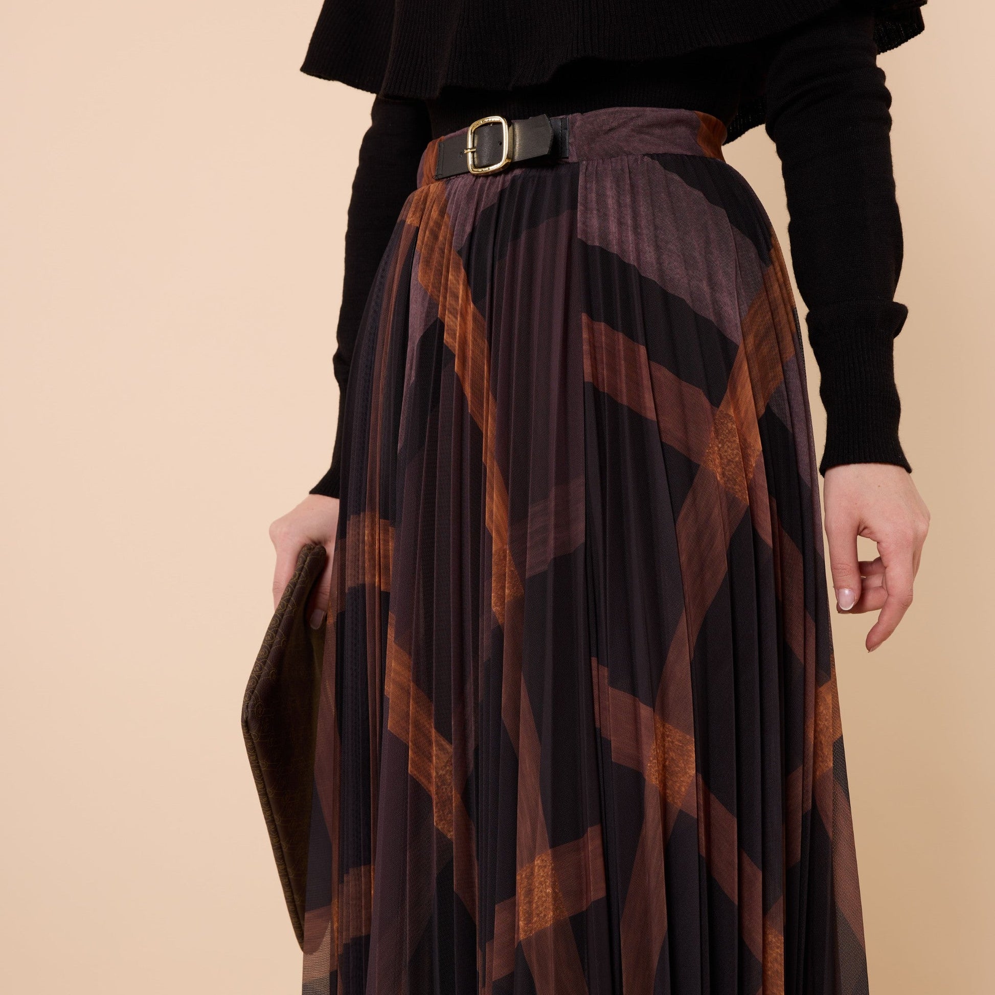 Brown Patterned Pleated Chiffon Long Skirt