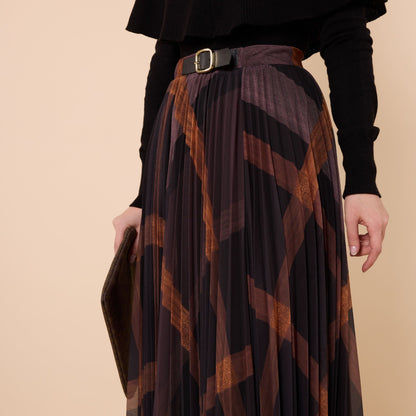 Brown Patterned Pleated Chiffon Long Skirt