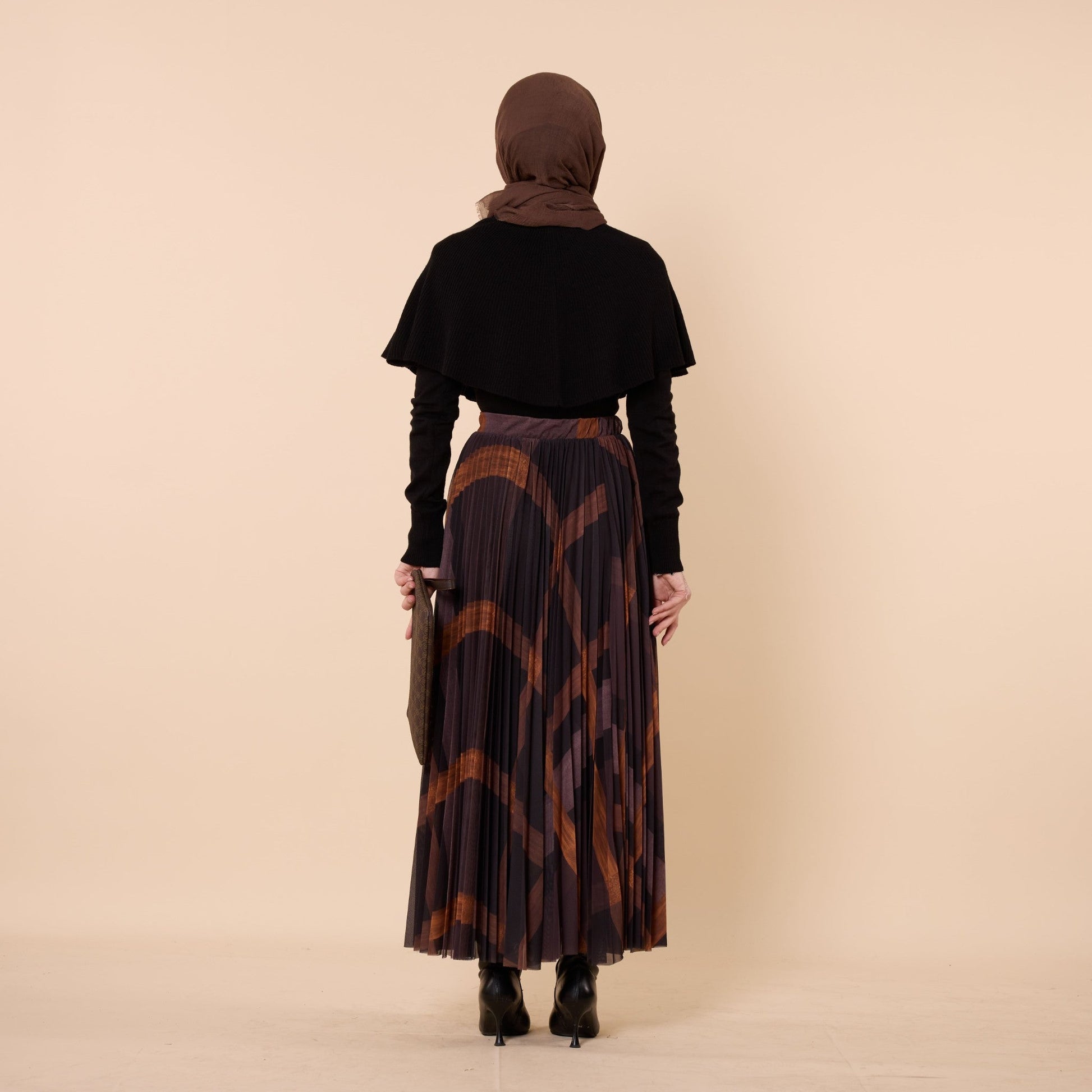 Brown Patterned Pleated Chiffon Long Skirt