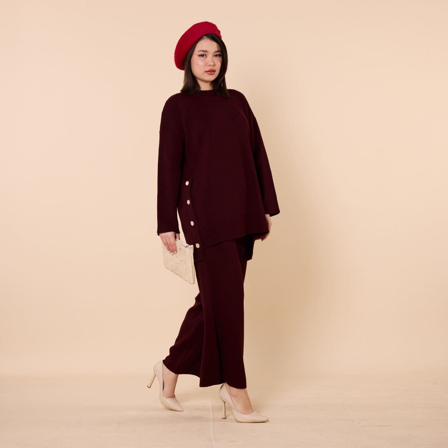 Button Detail Knit Two Piece Pants Set