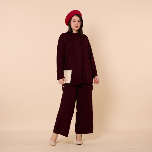 Button Detail Knit Two Piece Pants Set