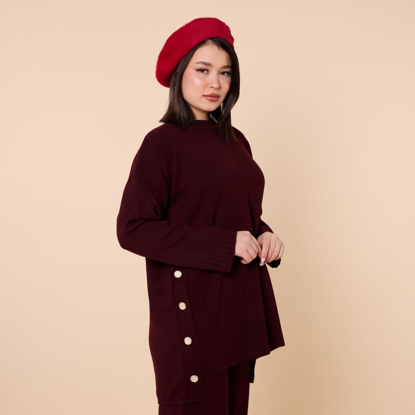 Button Detail Knit Two Piece Pants Set