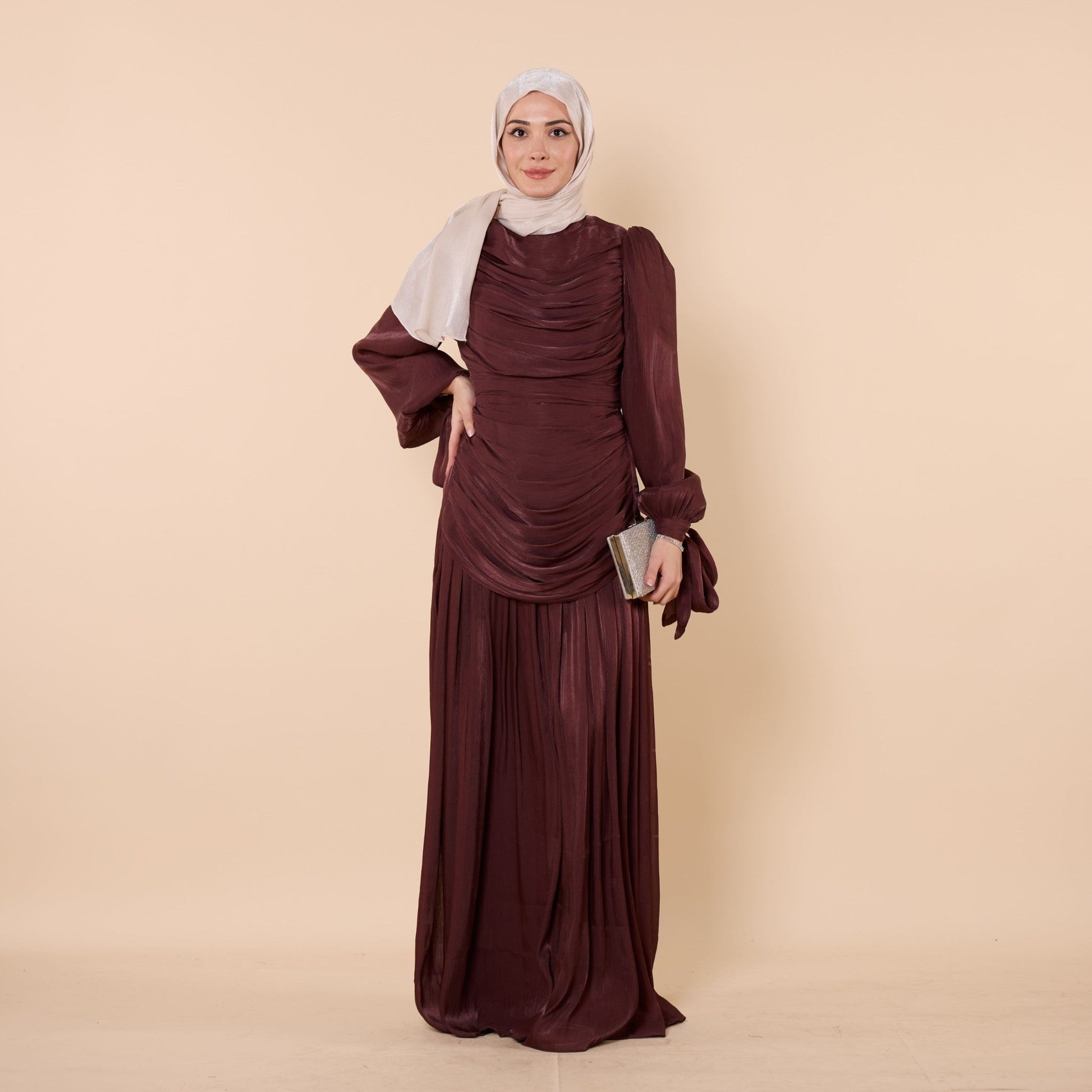 High Neck Pleated Chiffon Long Dress