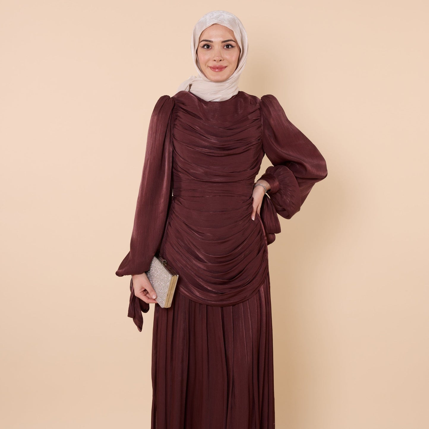 High Neck Pleated Chiffon Long Dress