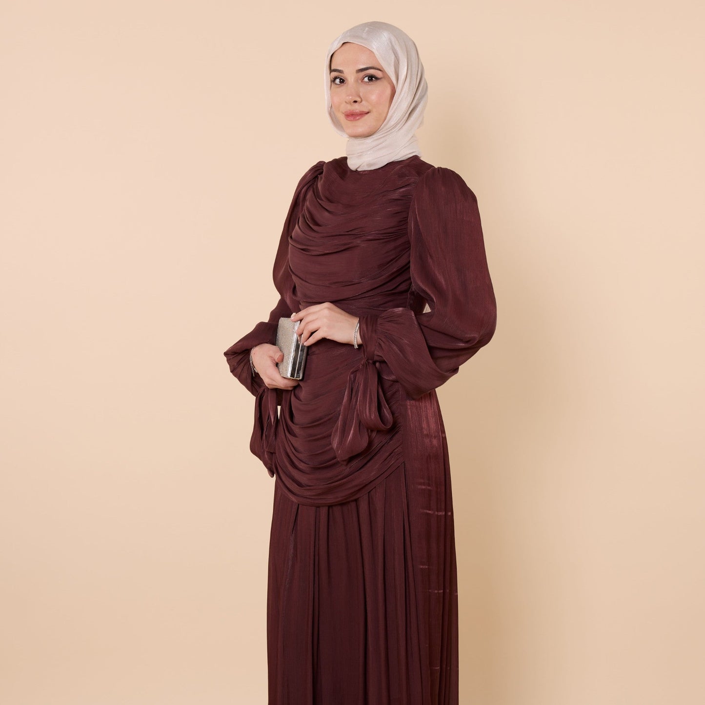 High Neck Pleated Chiffon Long Dress