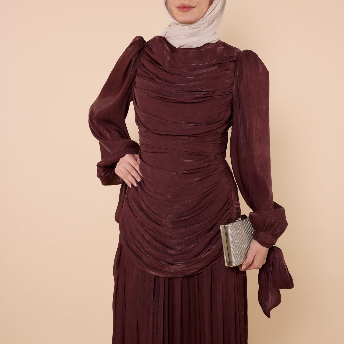 High Neck Pleated Chiffon Long Dress
