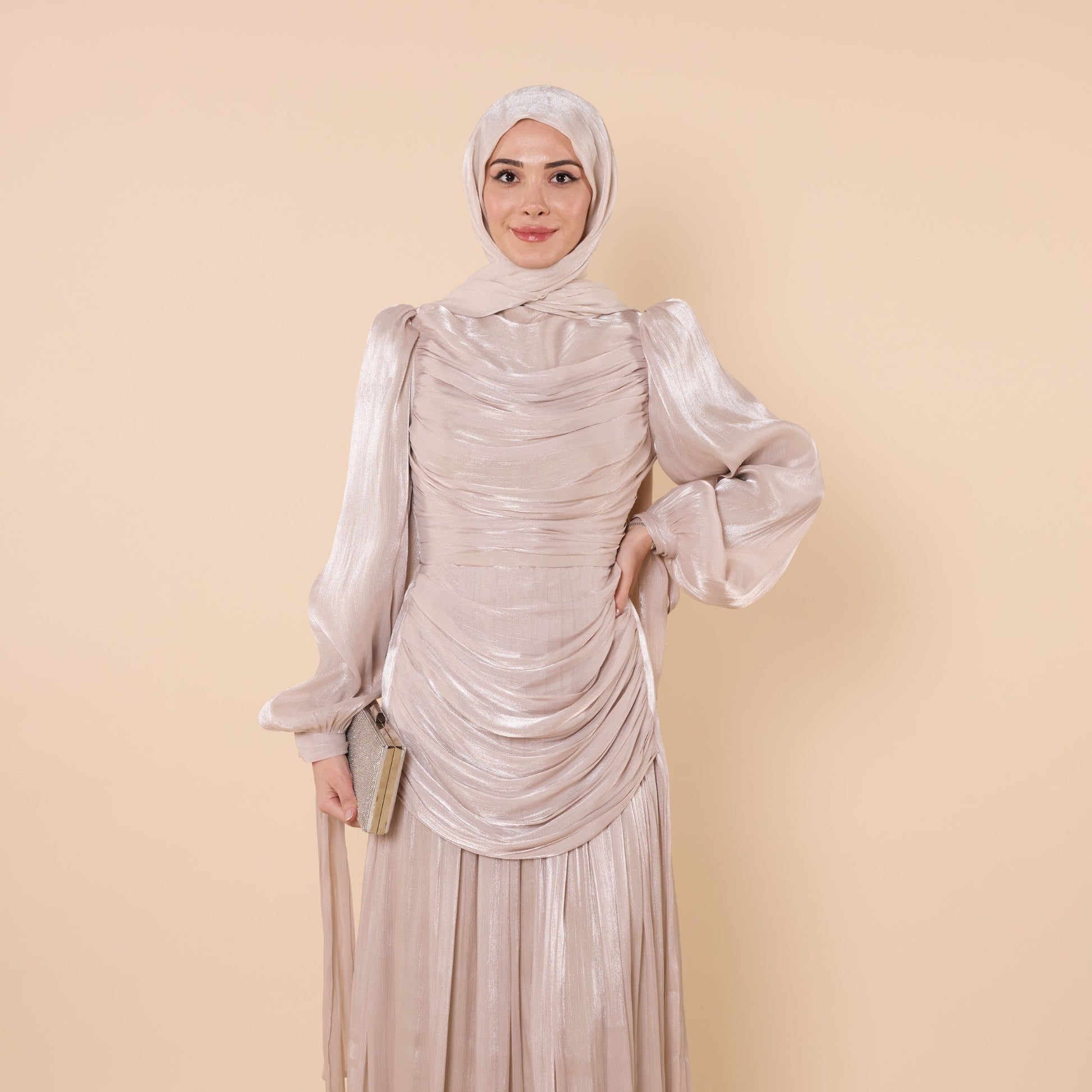 High Neck Pleated Chiffon Long Dress
