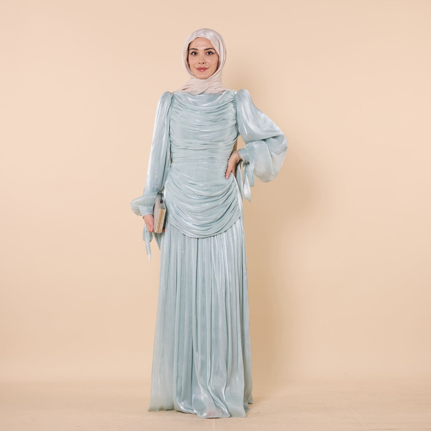 High Neck Pleated Chiffon Long Dress