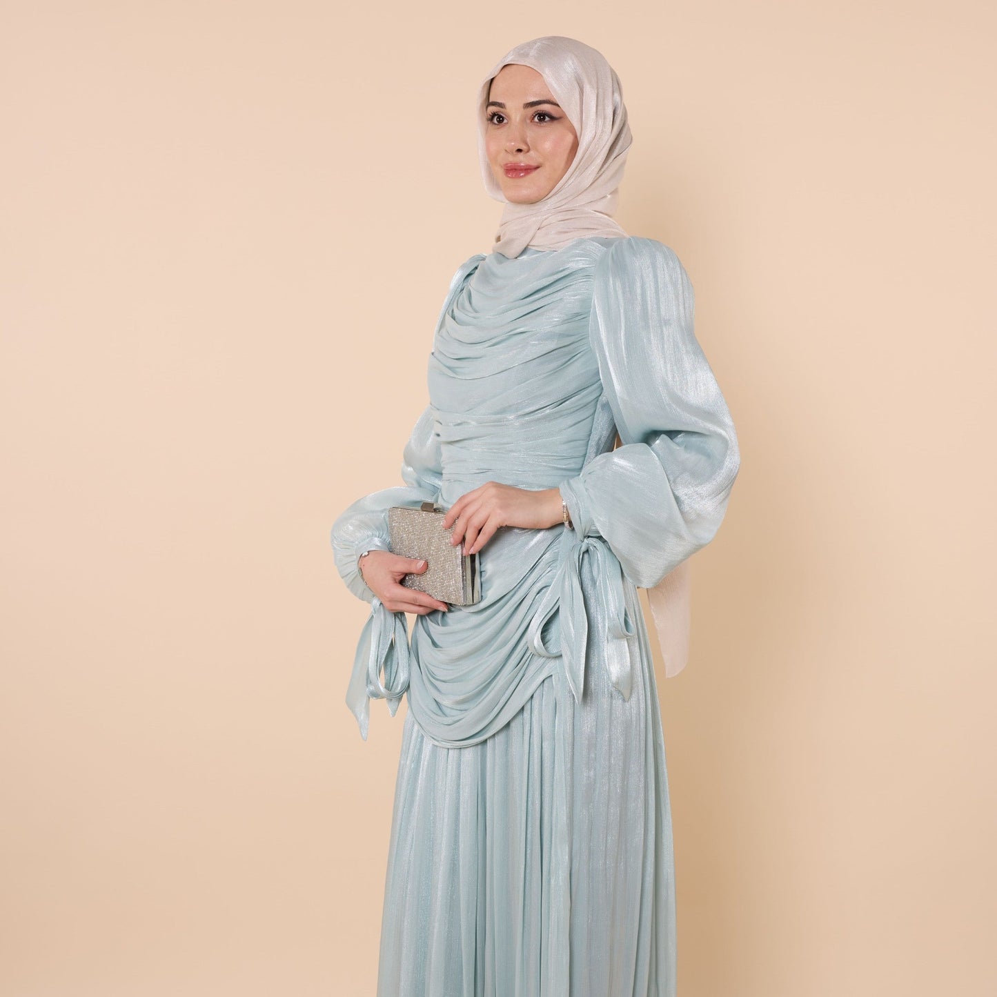 High Neck Pleated Chiffon Long Dress